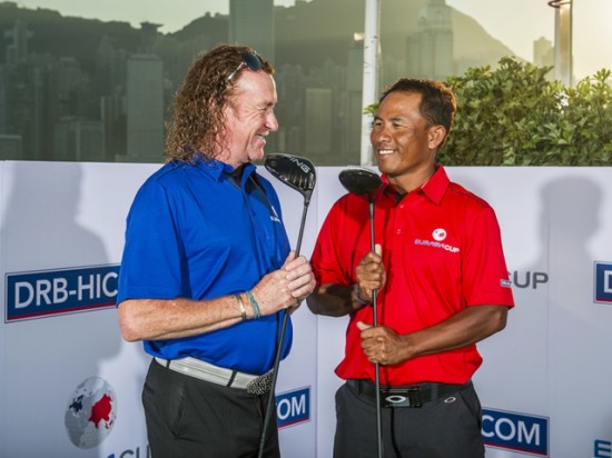 Newly named European captain Miguel Angel Jimenez (left) squaring it out with Asian captain Thongchai Jaidee  ©Raf Sanchez| The Power of Sport Images